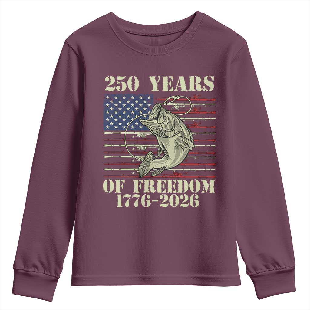 250th Anniversary USA Bass Fishing American Flag Youth Sweatshirt TS14 Maroon Print Your Wear