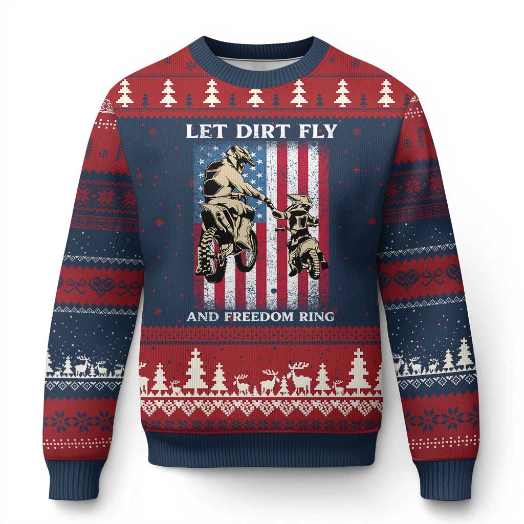 Let Dirt Fly And Freedom Ring Ugly Christmas Sweater 4th of July Dirt Bike American Flag TS14 Navy Red Print Your Wear