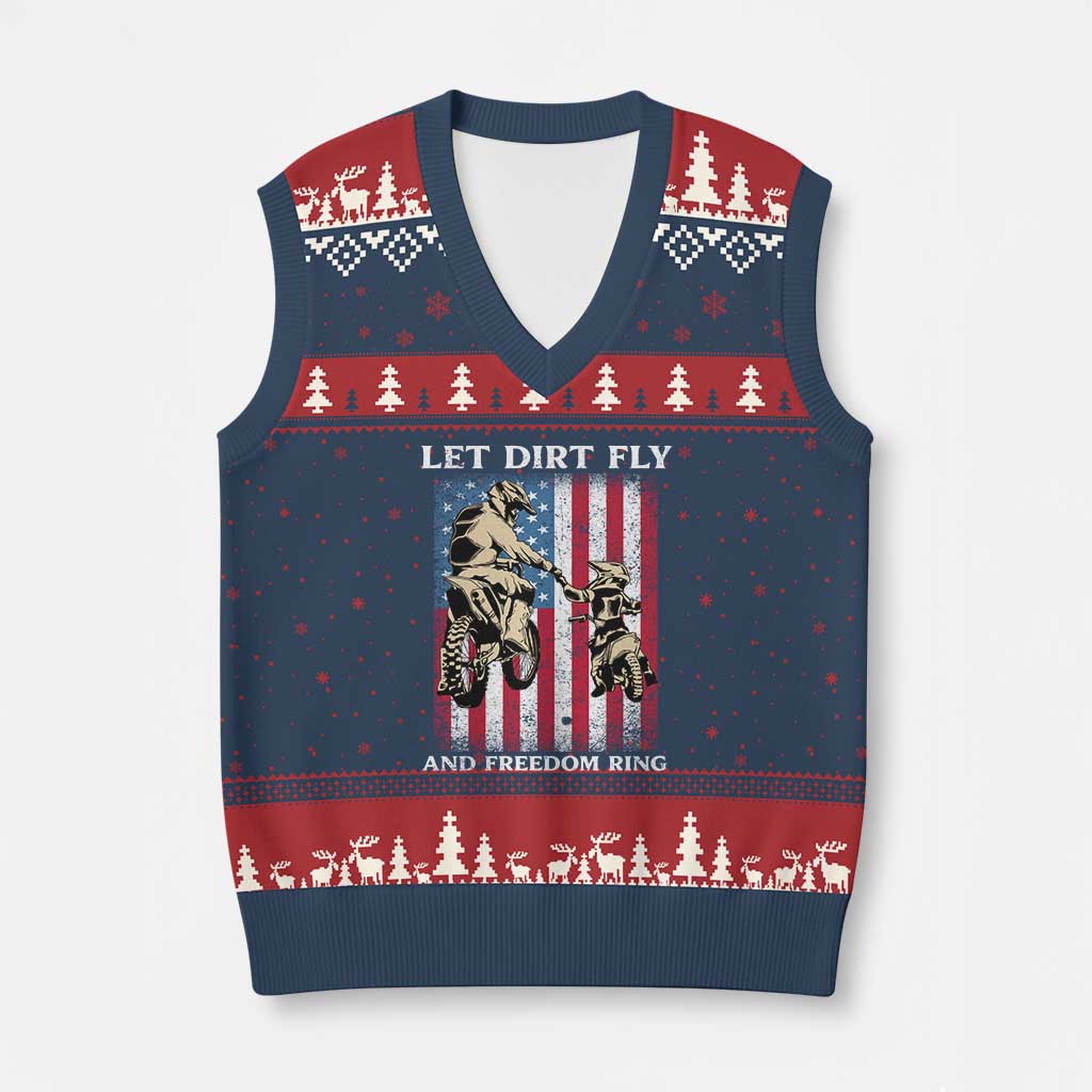 Let Dirt Fly And Freedom Ring V-Neck Knit Sweater Vest 4th of July Dirt Bike American Flag TS14 Navy Red Print Your Wear