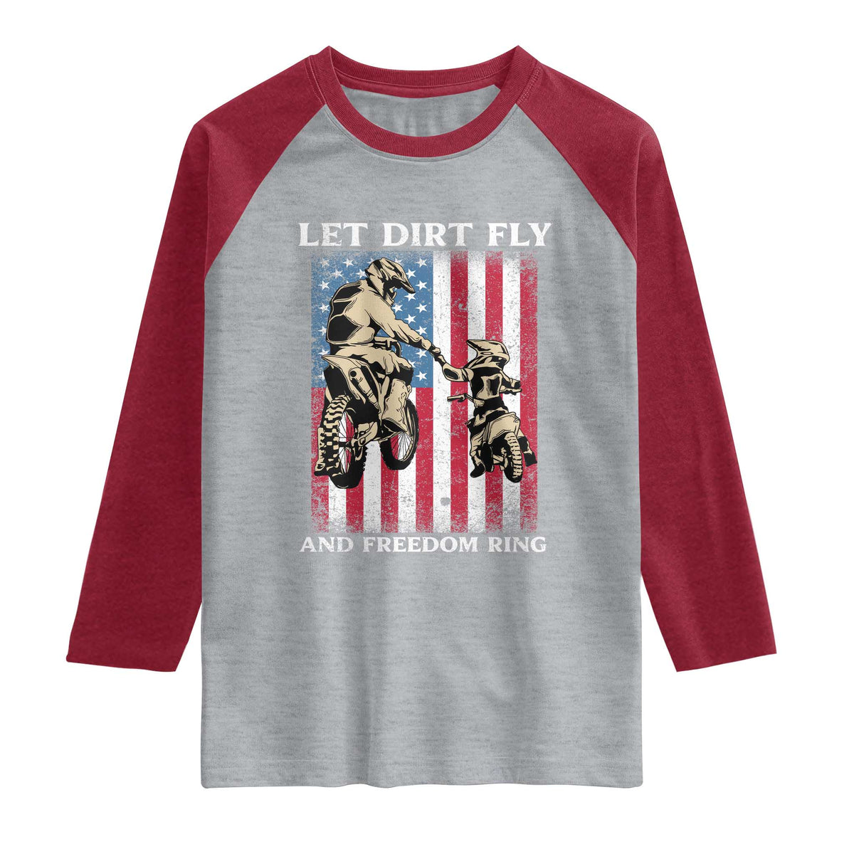 Let Dirt Fly And Freedom Ring Raglan Shirt 4th of July Dirt Bike American Flag TS14 Heather Gray Heather Red Print Your Wear
