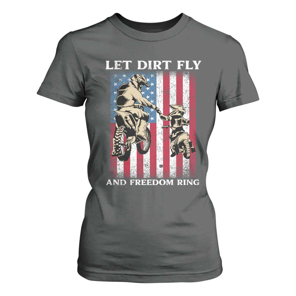 Let Dirt Fly And Freedom Ring T Shirt For Women 4th of July Dirt Bike American Flag