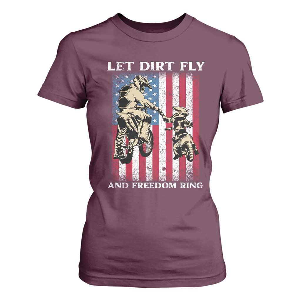 Let Dirt Fly And Freedom Ring T Shirt For Women 4th of July Dirt Bike American Flag