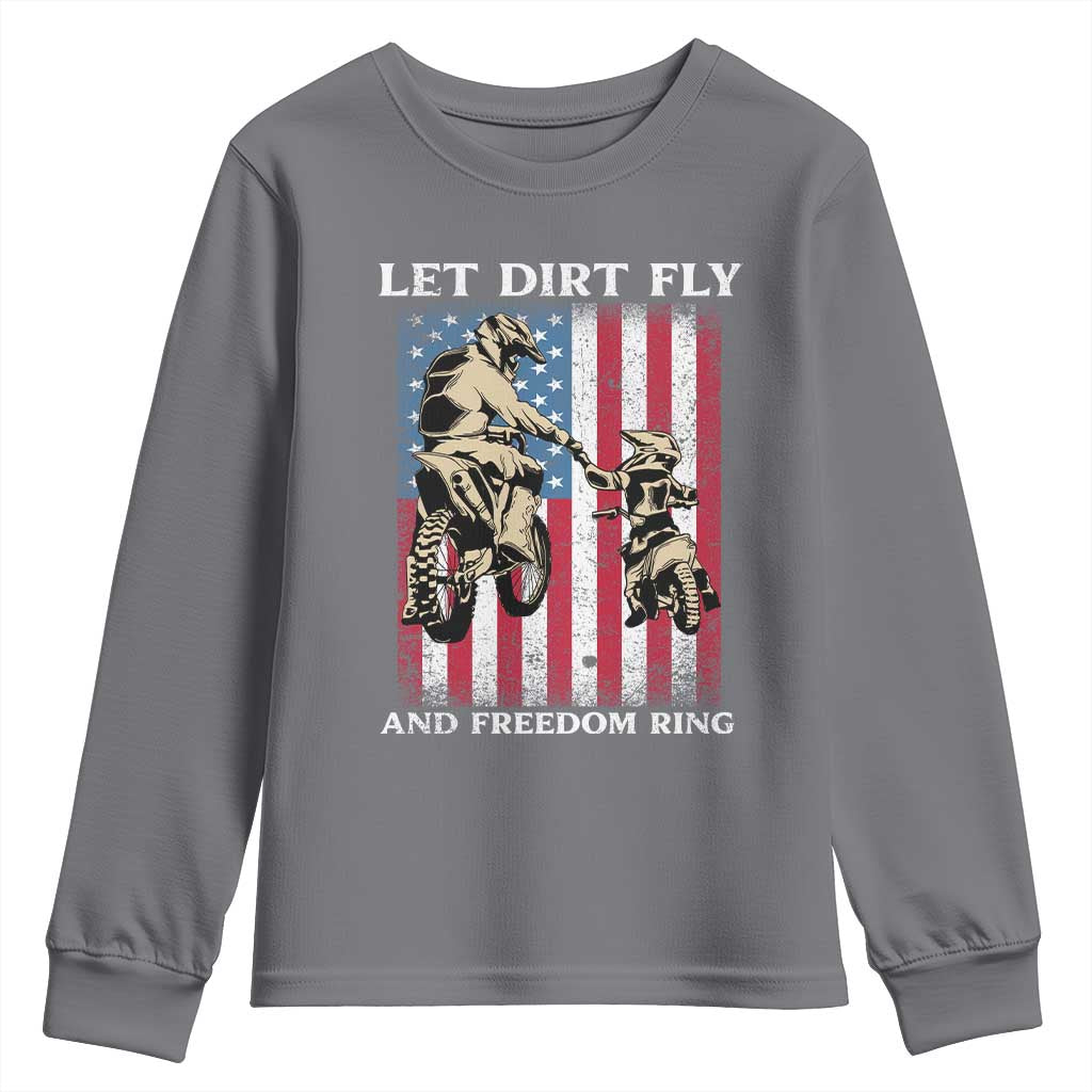 Let Dirt Fly And Freedom Ring Youth Sweatshirt 4th of July Dirt Bike American Flag TS14 Charcoal Print Your Wear