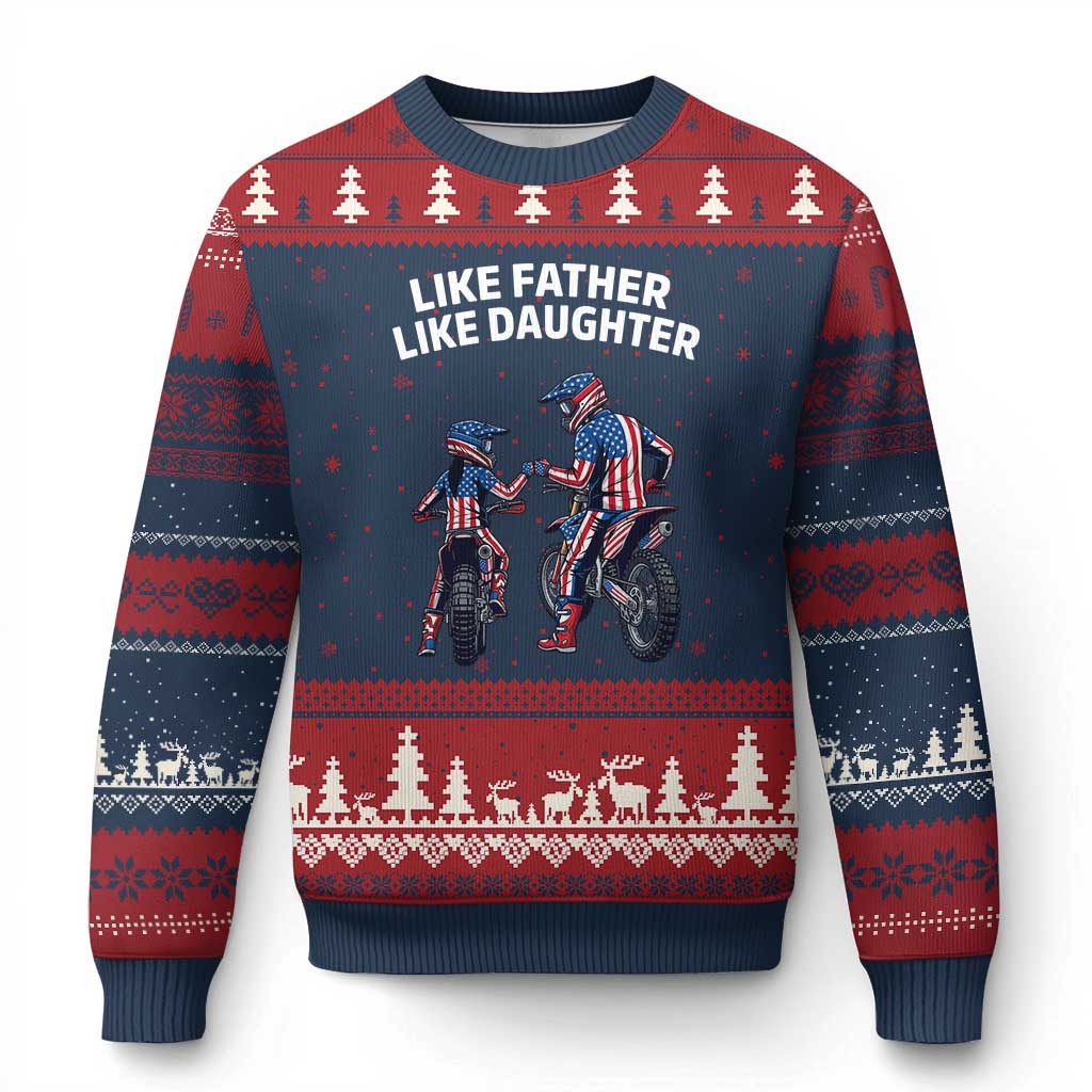 Like Father Daughter Dirt Bike Ugly Christmas Sweater Cute Matching Motocross Gift Father's Day TS14 Navy Red Print Your Wear