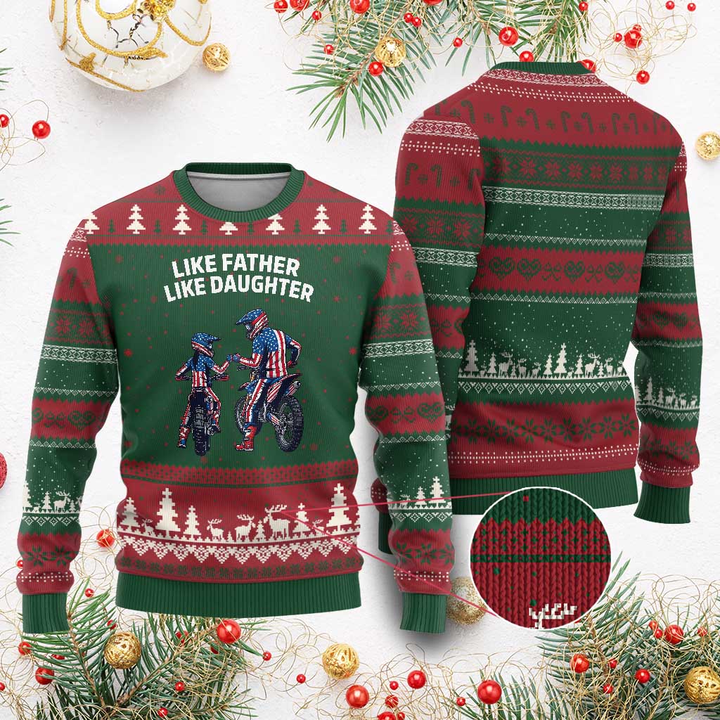 Like Father Daughter Dirt Bike Ugly Christmas Sweater Cute Matching Motocross Gift Father's Day TS14 Red Green Print Your Wear