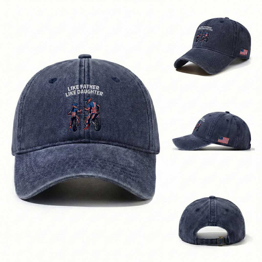 Like Father Daughter Dirt Bike Washed Cotton Baseball Cap Cute Matching Motocross Gift Father's Day TS14 Washed Cap Universal Fit Navy Print Your Wear