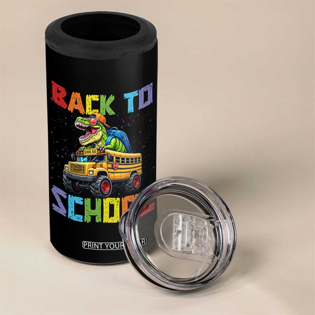 Bruh We Back 4 in 1 Can Cooler Tumbler Funny Dinosaur Back To School Dinosaur
