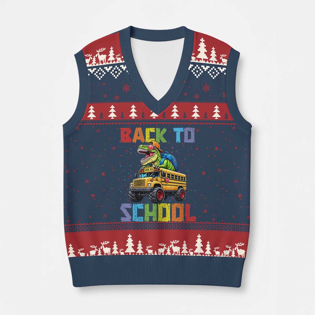 Bruh We Back V-Neck Knit Sweater Vest Funny Dinosaur Back To School Dinosaur TS14 Navy Red Print Your Wear