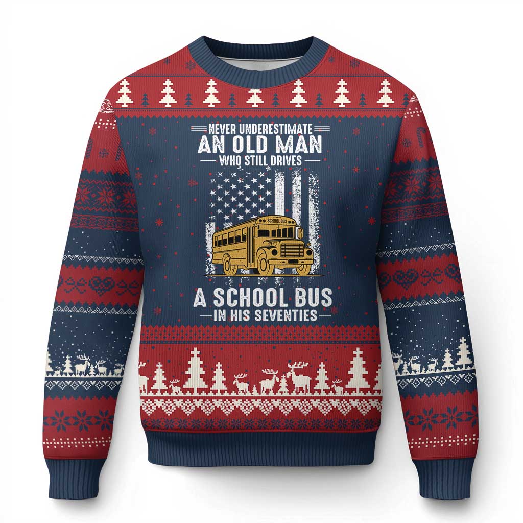Funny School Bus Driver Ugly Christmas Sweater Never Underestimate an Old Man Who Still Drives A School Bus TS14 Navy Red Print Your Wear