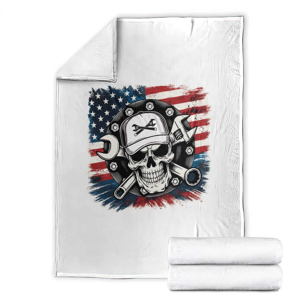 American Flag Skull Mechanic Throw Blanket Labor Day Patriotic USA TS14 White Print Your Wear