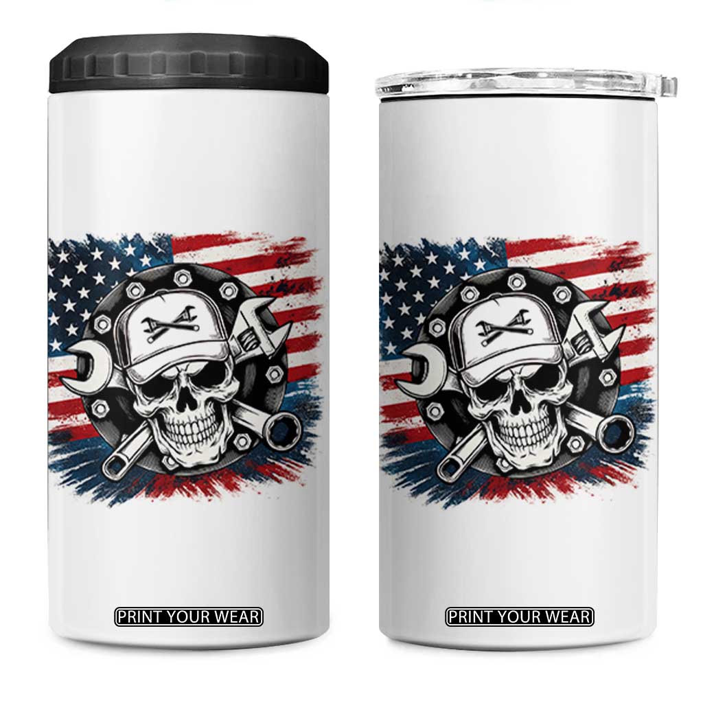 American Flag Skull Mechanic 4 in 1 Can Cooler Tumbler Labor Day Patriotic USA TS14 One Size: 16 oz White Print Your Wear
