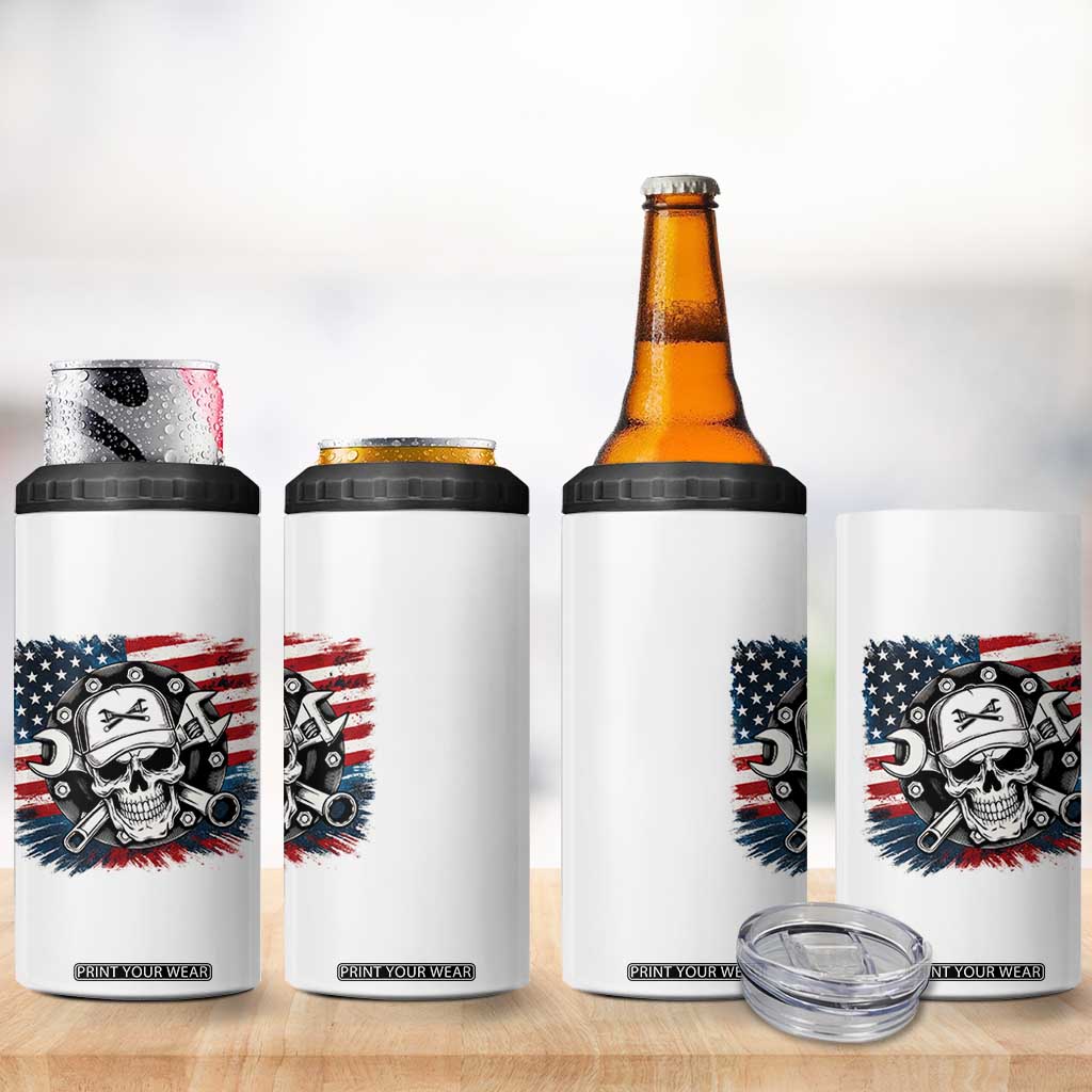 American Flag Skull Mechanic 4 in 1 Can Cooler Tumbler Labor Day Patriotic USA TS14 Print Your Wear