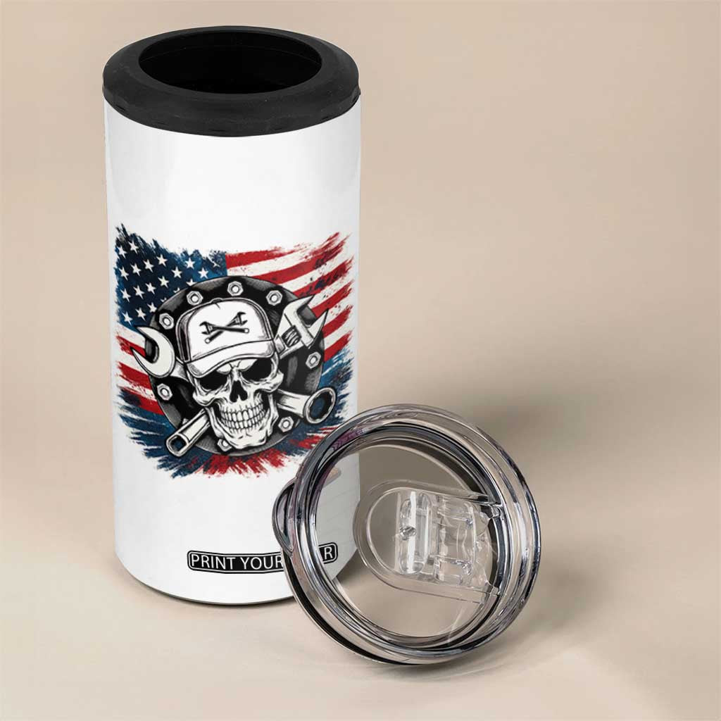 American Flag Skull Mechanic 4 in 1 Can Cooler Tumbler Labor Day Patriotic USA TS14 Print Your Wear