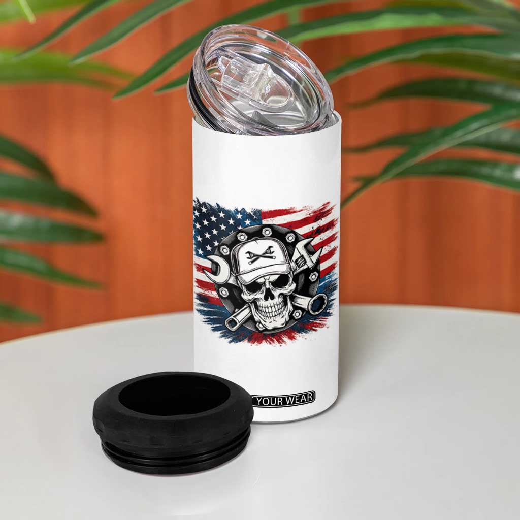 American Flag Skull Mechanic 4 in 1 Can Cooler Tumbler Labor Day Patriotic USA TS14 Print Your Wear