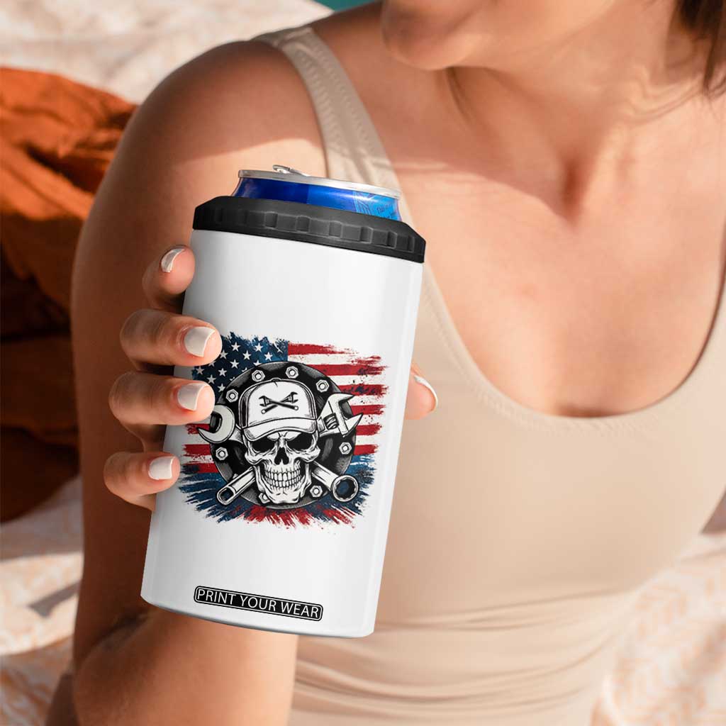 American Flag Skull Mechanic 4 in 1 Can Cooler Tumbler Labor Day Patriotic USA TS14 Print Your Wear
