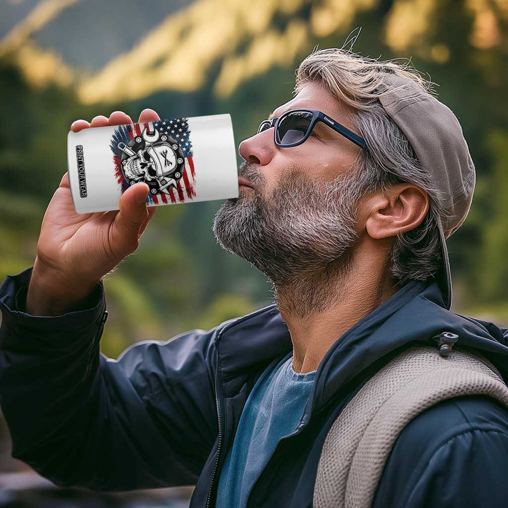 American Flag Skull Mechanic 4 in 1 Can Cooler Tumbler Labor Day Patriotic USA TS14 Print Your Wear