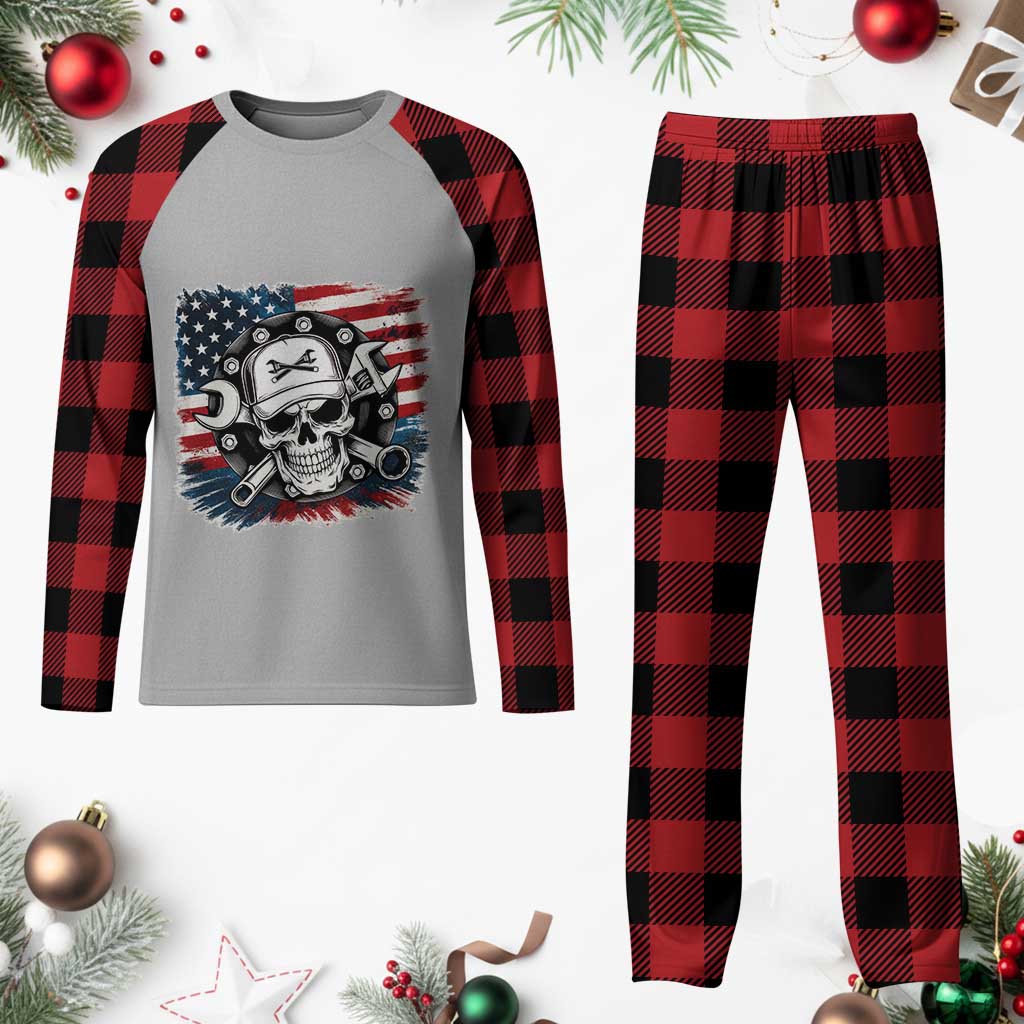 American Flag Skull Mechanic Plaid Pajama Set Labor Day Patriotic USA TS14 Buffalo Plaid Print Your Wear
