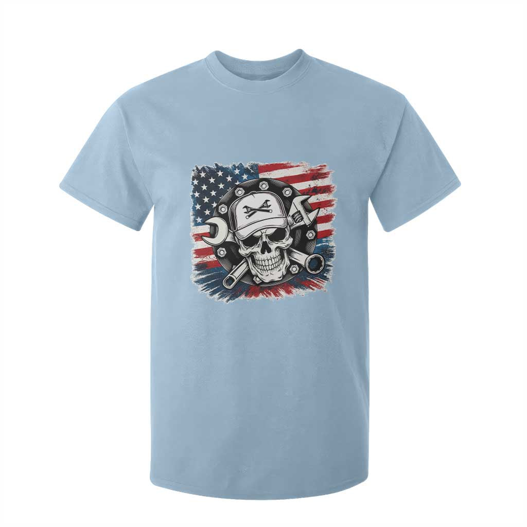 American Flag Skull Mechanic T Shirt For Kid Labor Day Patriotic USA TS14 Light Blue Print Your Wear