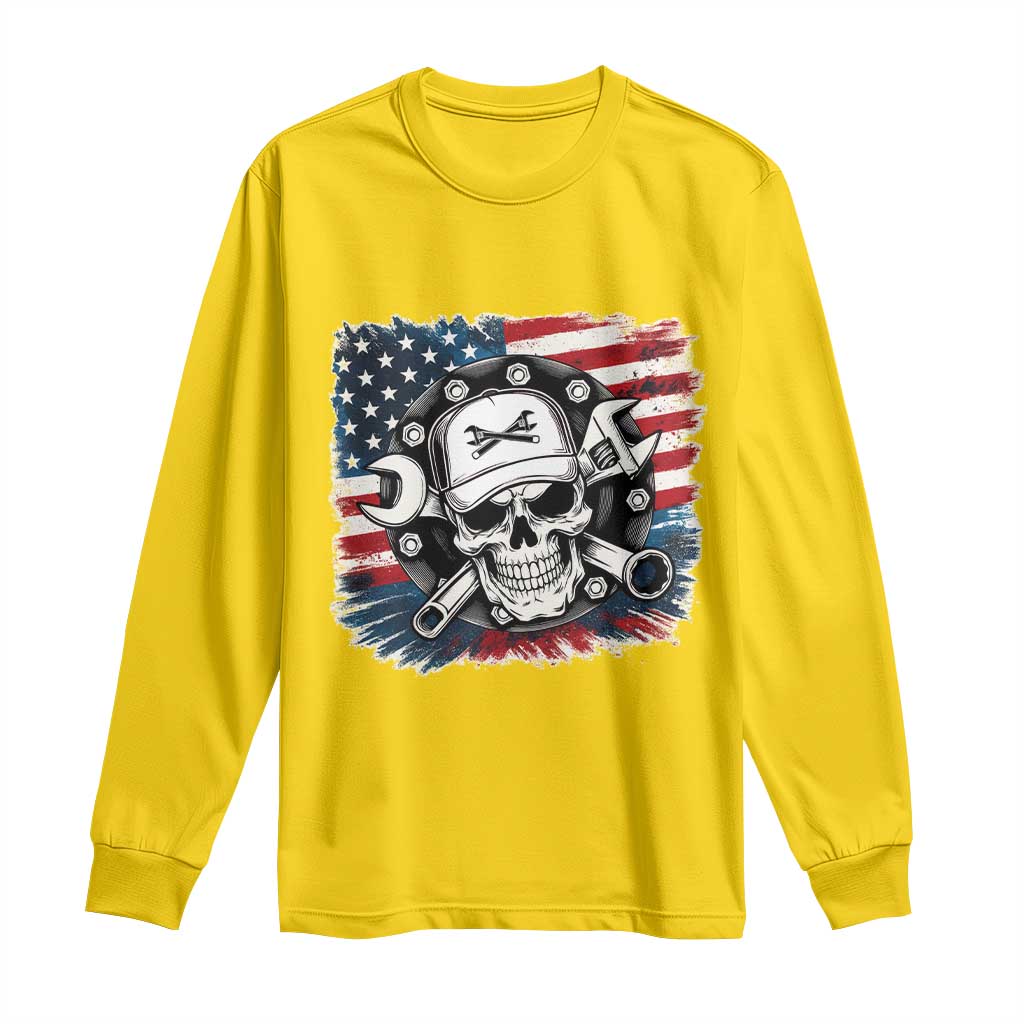 American Flag Skull Mechanic Long Sleeve Shirt Labor Day Patriotic USA TS14 Daisy Print Your Wear
