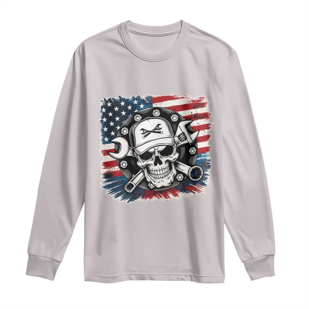 American Flag Skull Mechanic Long Sleeve Shirt Labor Day Patriotic USA TS14 Ice Gray Print Your Wear