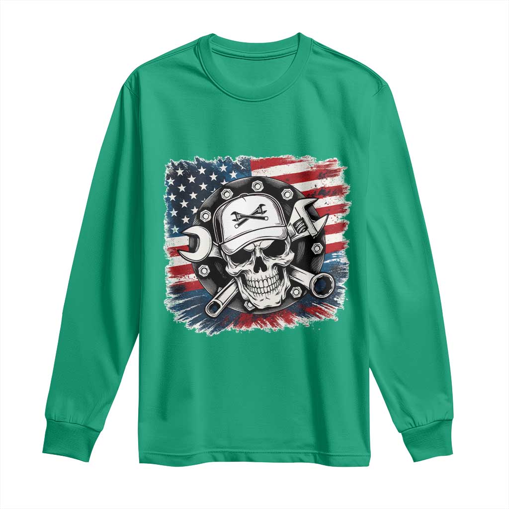 American Flag Skull Mechanic Long Sleeve Shirt Labor Day Patriotic USA TS14 Irish Green Print Your Wear