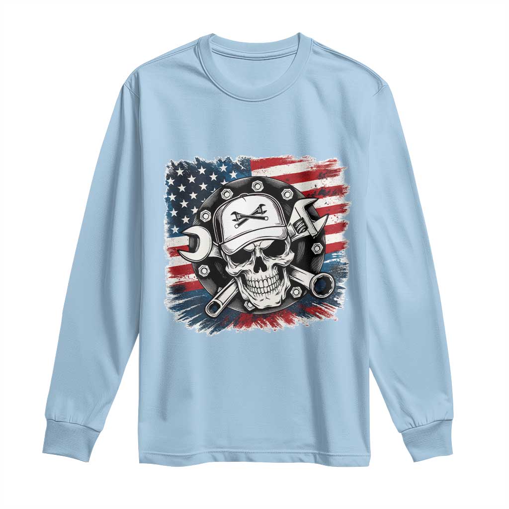 American Flag Skull Mechanic Long Sleeve Shirt Labor Day Patriotic USA TS14 Light Blue Print Your Wear