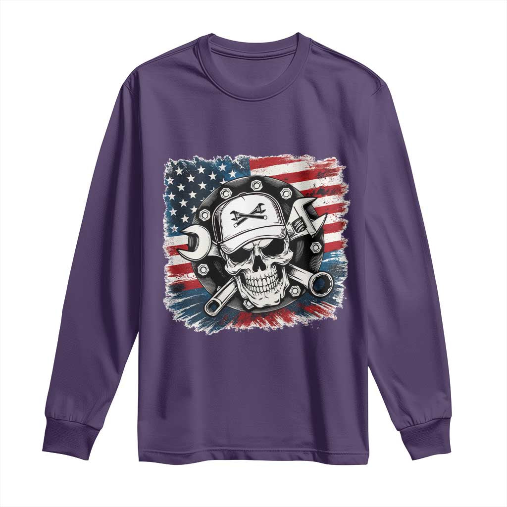 American Flag Skull Mechanic Long Sleeve Shirt Labor Day Patriotic USA TS14 Purple Print Your Wear