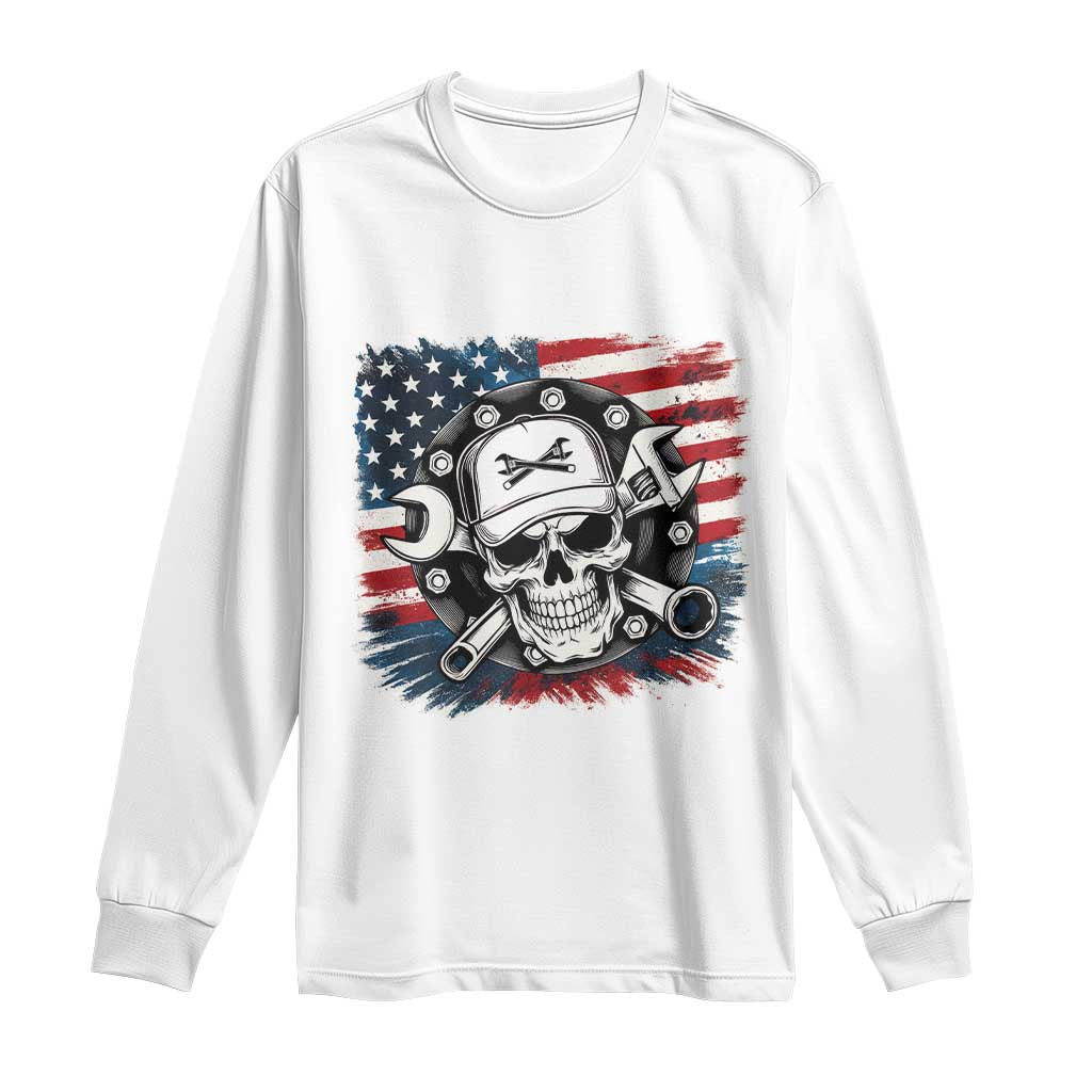 American Flag Skull Mechanic Long Sleeve Shirt Labor Day Patriotic USA TS14 White Print Your Wear