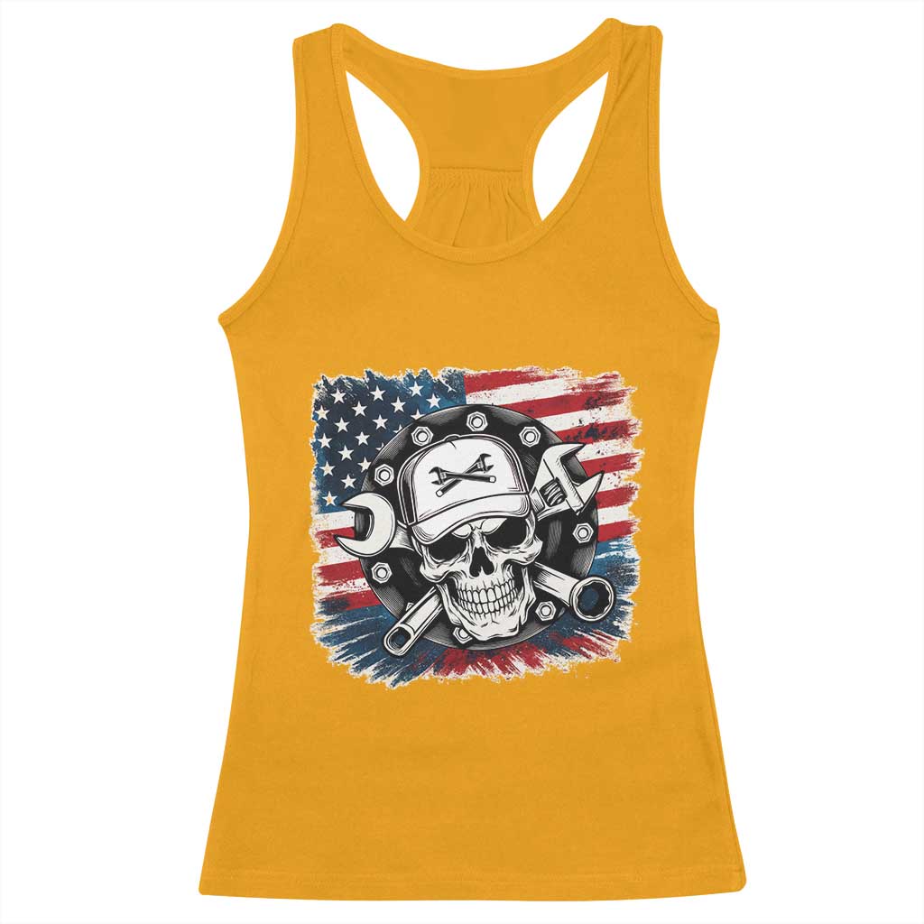 American Flag Skull Mechanic Racerback Tank Top Labor Day Patriotic USA TS14 Gold Print Your Wear