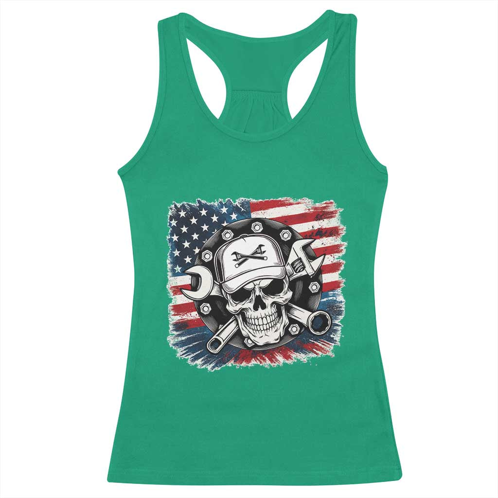 American Flag Skull Mechanic Racerback Tank Top Labor Day Patriotic USA TS14 Irish Green Print Your Wear