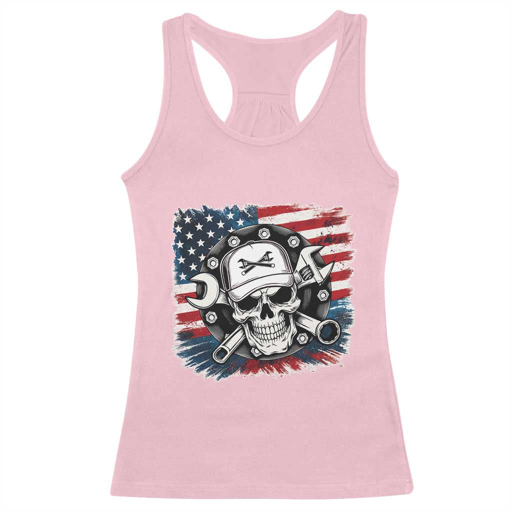 American Flag Skull Mechanic Racerback Tank Top Labor Day Patriotic USA TS14 Light Pink Print Your Wear
