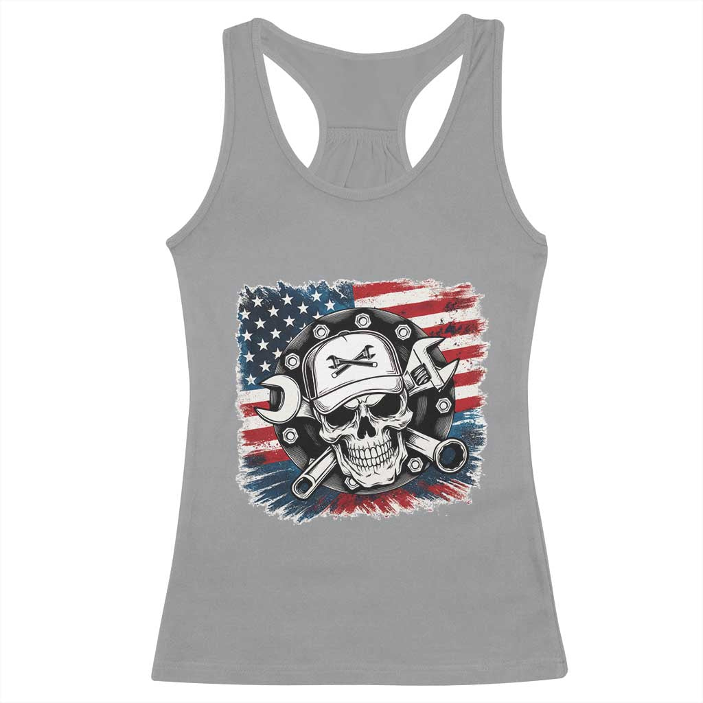 American Flag Skull Mechanic Racerback Tank Top Labor Day Patriotic USA TS14 Sport Gray Print Your Wear