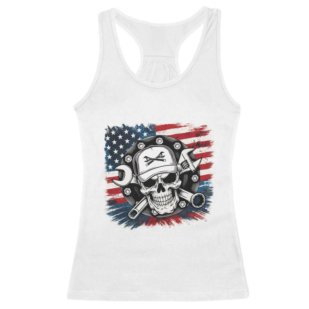 American Flag Skull Mechanic Racerback Tank Top Labor Day Patriotic USA TS14 White Print Your Wear