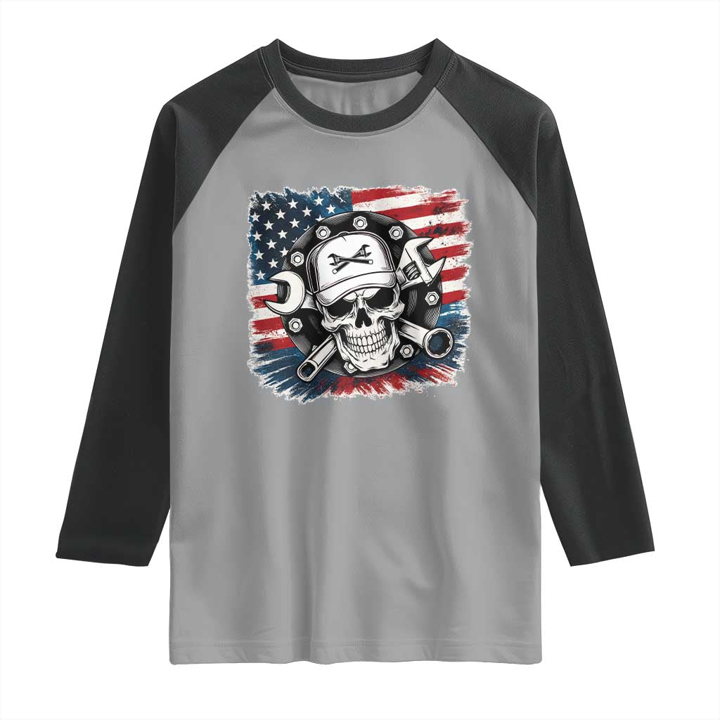American Flag Skull Mechanic Raglan Shirt Labor Day Patriotic USA TS14 Sport Gray Black Print Your Wear