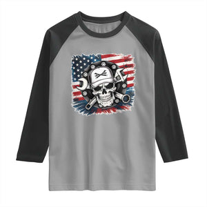 American Flag Skull Mechanic Raglan Shirt Labor Day Patriotic USA TS14 Sport Gray Black Print Your Wear