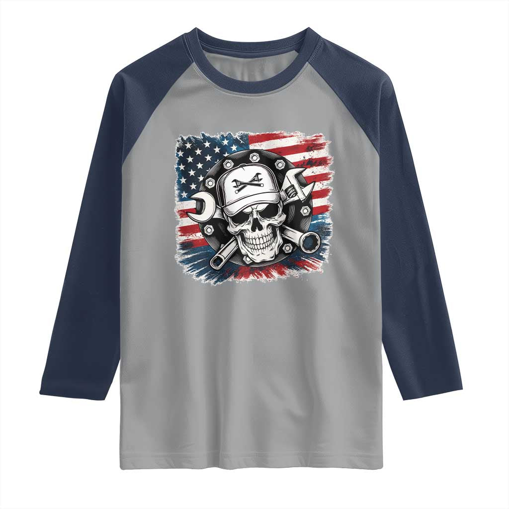 American Flag Skull Mechanic Raglan Shirt Labor Day Patriotic USA TS14 Sport Gray Navy Print Your Wear