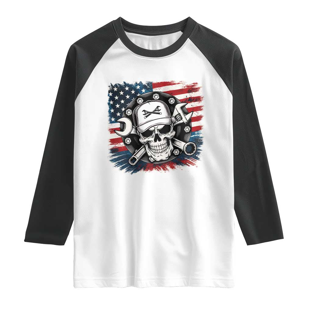 American Flag Skull Mechanic Raglan Shirt Labor Day Patriotic USA TS14 White Black Print Your Wear