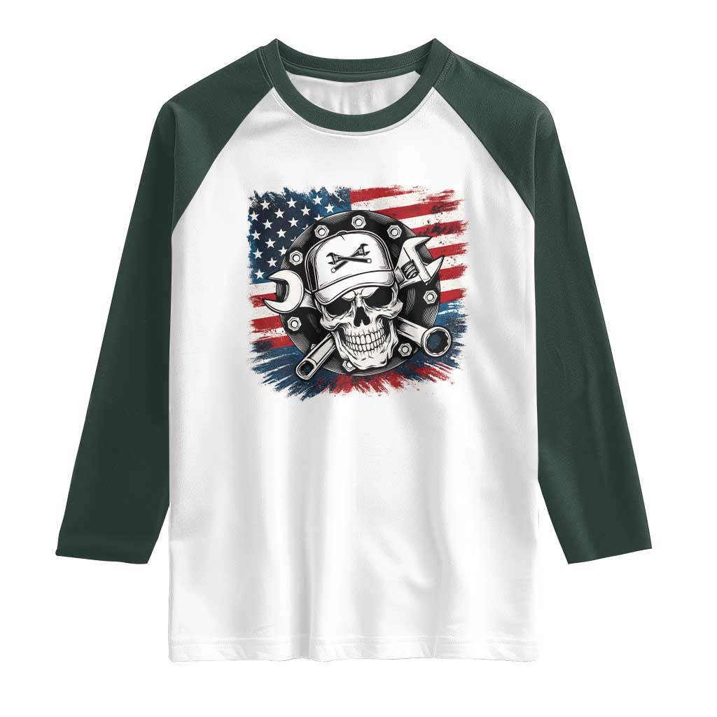American Flag Skull Mechanic Raglan Shirt Labor Day Patriotic USA TS14 White Dark Forest Green Print Your Wear