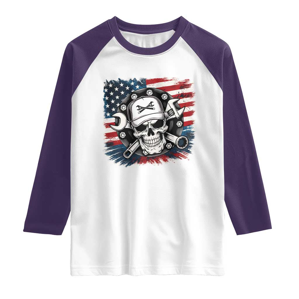 American Flag Skull Mechanic Raglan Shirt Labor Day Patriotic USA TS14 White Purple Print Your Wear
