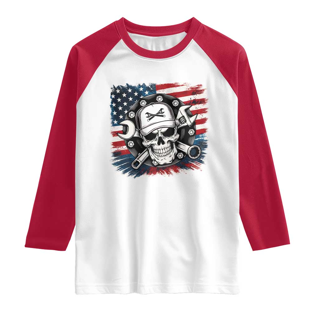 American Flag Skull Mechanic Raglan Shirt Labor Day Patriotic USA TS14 White Red Print Your Wear