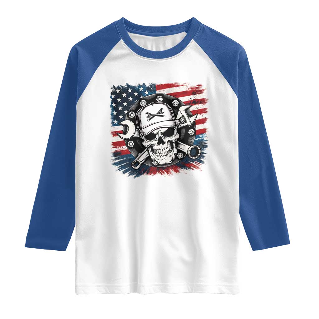 American Flag Skull Mechanic Raglan Shirt Labor Day Patriotic USA TS14 White Royal Print Your Wear