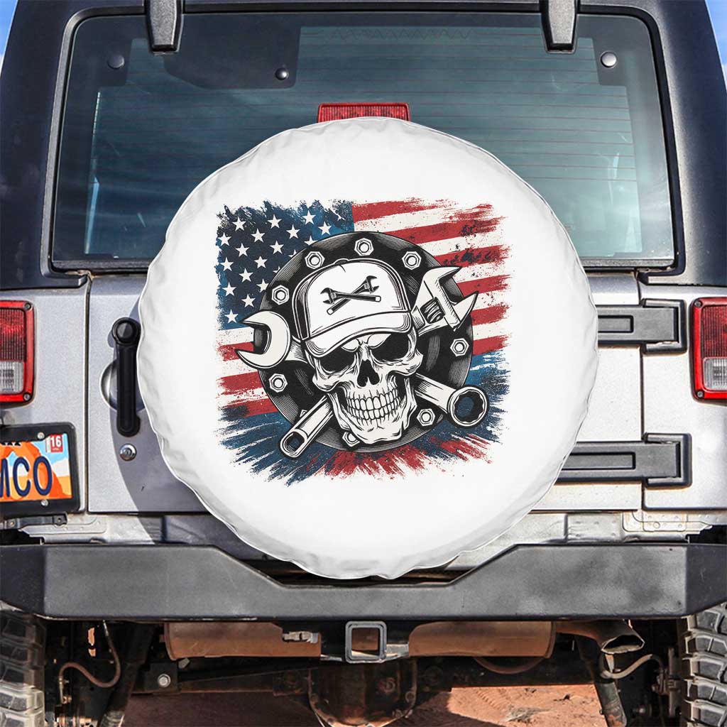 American Flag Skull Mechanic Spare Tire Cover Labor Day Patriotic USA TS14 No hole White Print Your Wear
