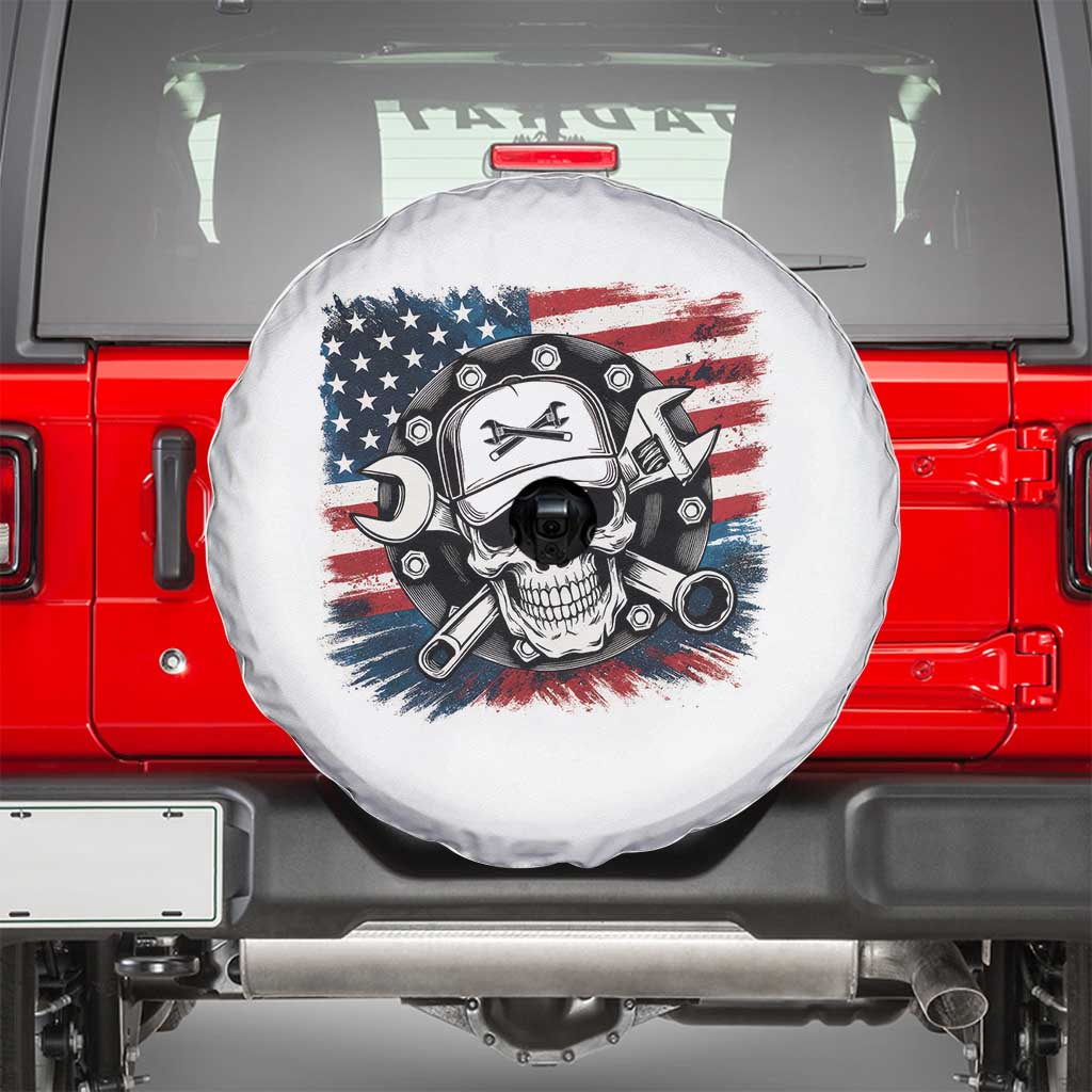 American Flag Skull Mechanic Spare Tire Cover Labor Day Patriotic USA TS14 White Print Your Wear