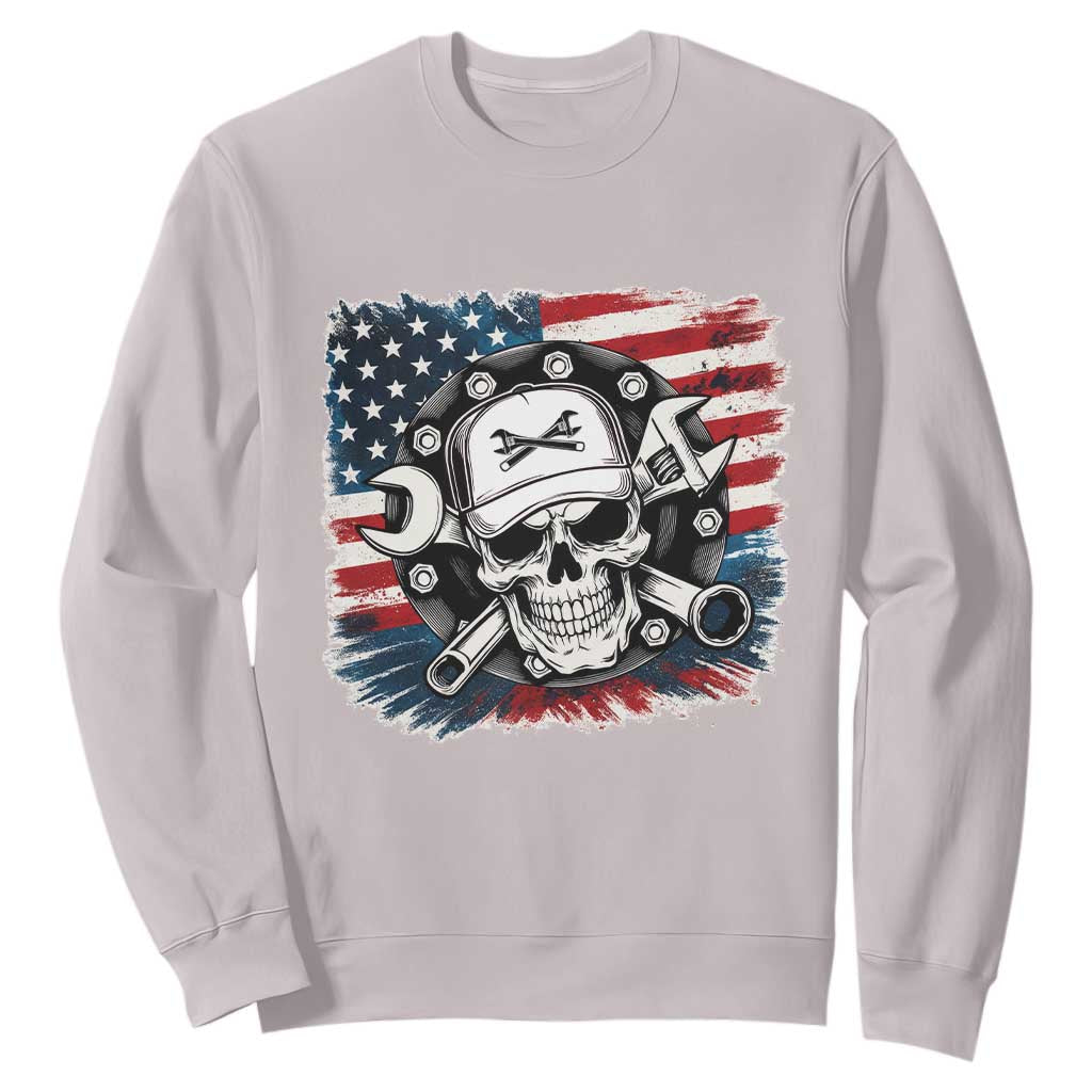 American Flag Skull Mechanic Sweatshirt Labor Day Patriotic USA TS14 Ice Gray Print Your Wear