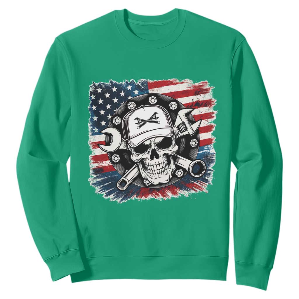 American Flag Skull Mechanic Sweatshirt Labor Day Patriotic USA TS14 Irish Green Print Your Wear