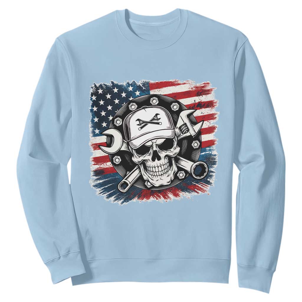 American Flag Skull Mechanic Sweatshirt Labor Day Patriotic USA TS14 Light Blue Print Your Wear