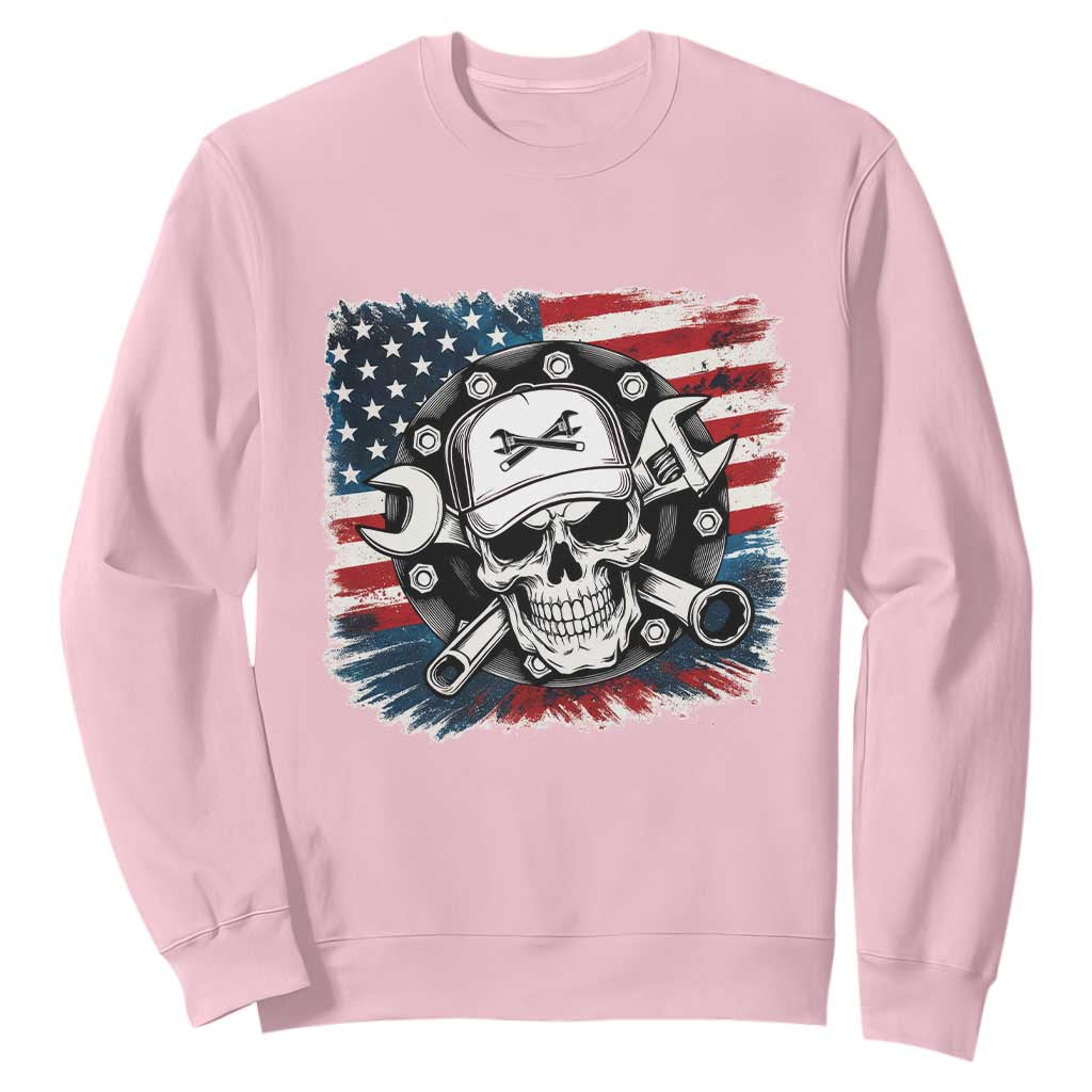 American Flag Skull Mechanic Sweatshirt Labor Day Patriotic USA TS14 Light Pink Print Your Wear