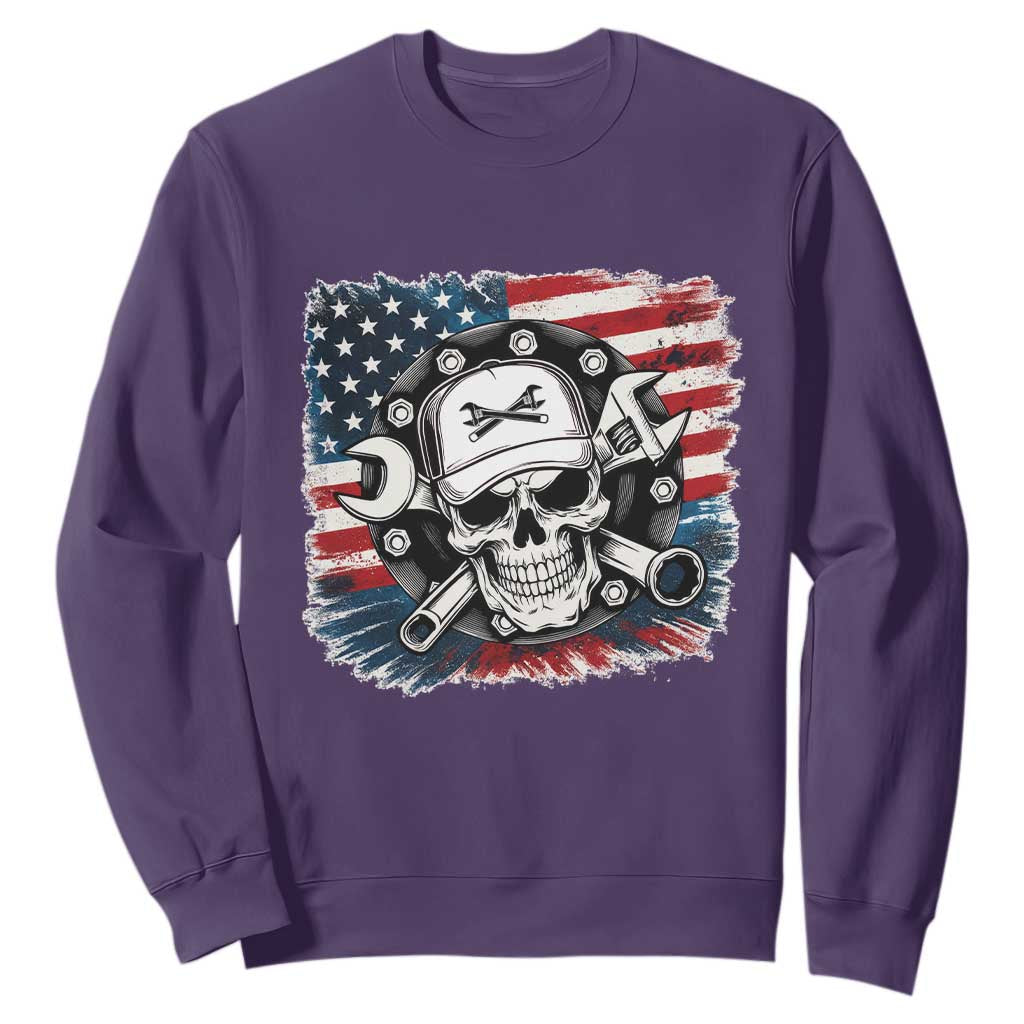 American Flag Skull Mechanic Sweatshirt Labor Day Patriotic USA TS14 Purple Print Your Wear