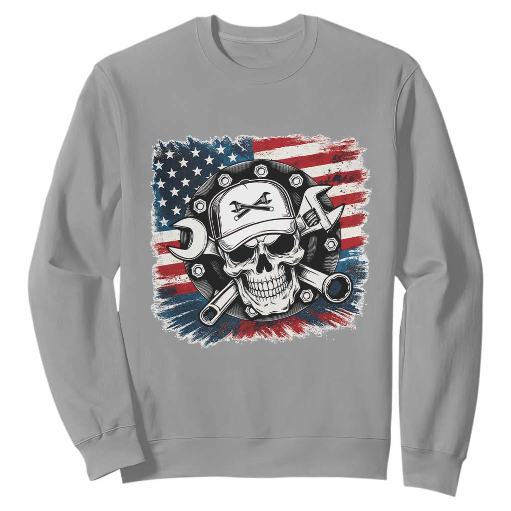 American Flag Skull Mechanic Sweatshirt Labor Day Patriotic USA TS14 Sport Gray Print Your Wear