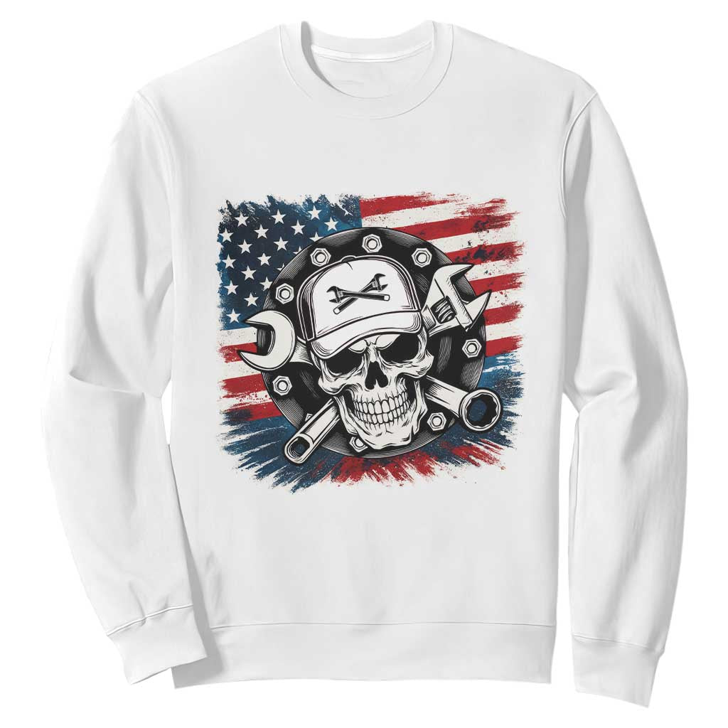 American Flag Skull Mechanic Sweatshirt Labor Day Patriotic USA TS14 White Print Your Wear
